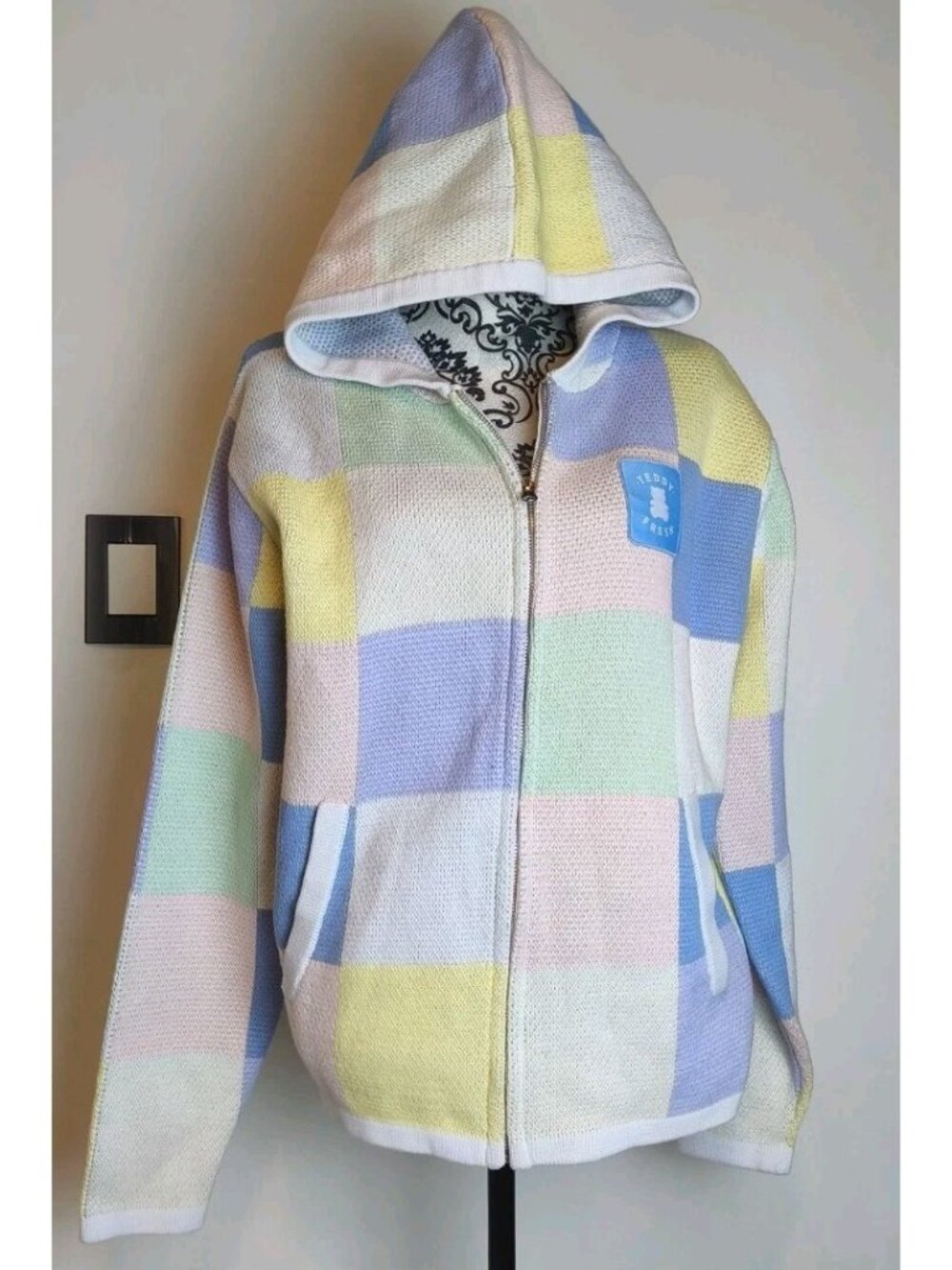 Teddy Fresh Pastel Patchwork Knit Full Zip Hoodie Sweater Unisex Colorblock M